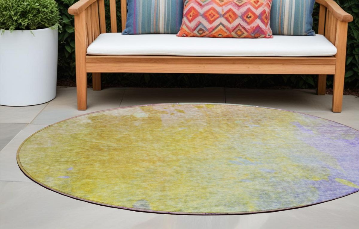 8' Round Blue Gold And Wheat Round Abstract Washable Non Skid Indoor Outdoor Area Rug