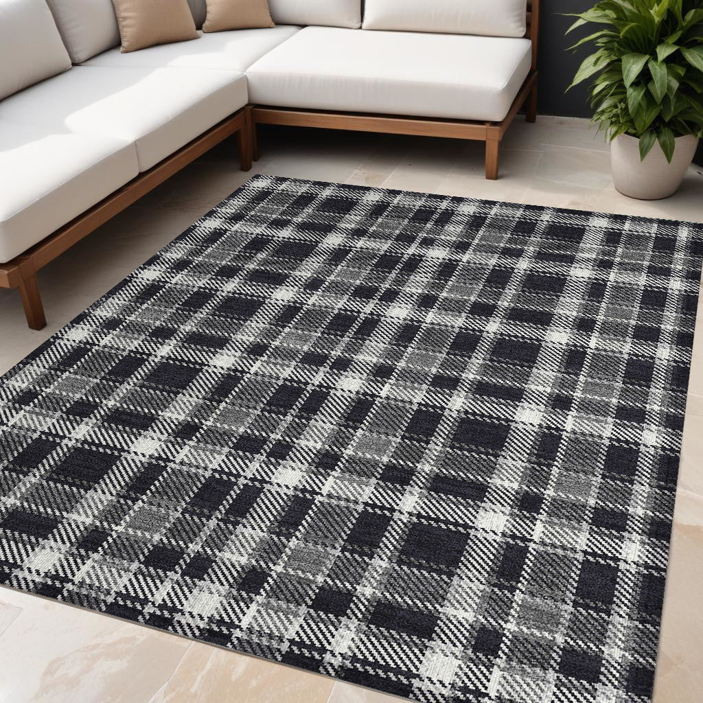 5' X 8' Black Gray And White Plaid Washable Non Skid Indoor Outdoor Area Rug
