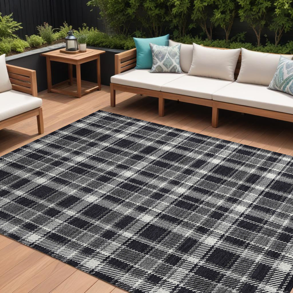 10' X 14' Black Gray And White Plaid Washable Non Skid Indoor Outdoor Area Rug