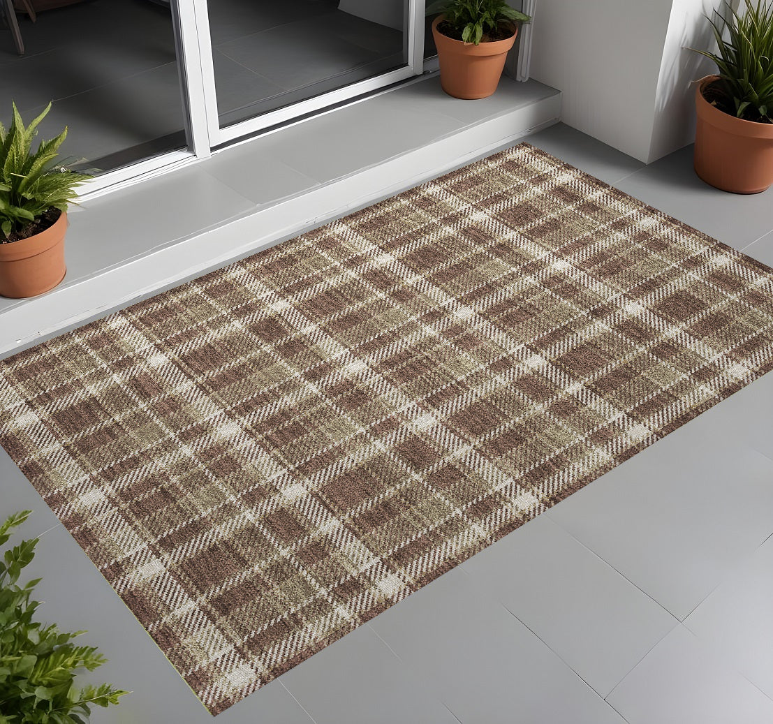 3' X 5' Chocolate And Ivory Plaid Washable Non Skid Indoor Outdoor Area Rug