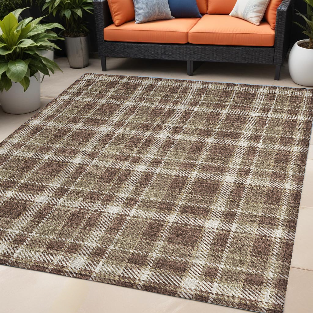 5' X 8' Chocolate And Ivory Plaid Washable Non Skid Indoor Outdoor Area Rug