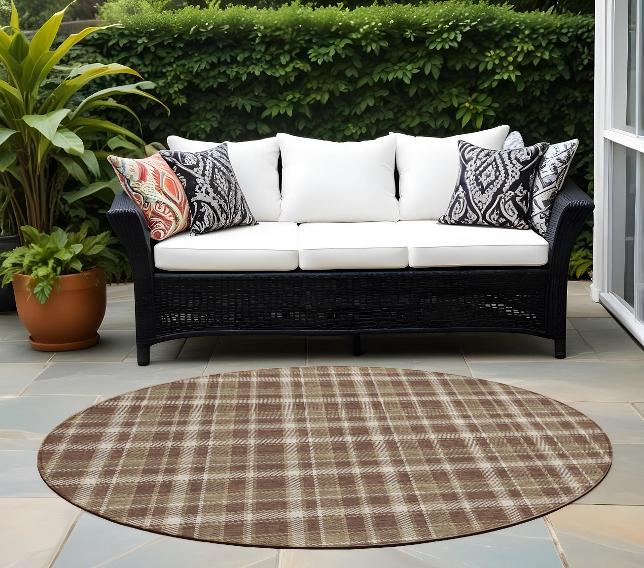 8' Round Chocolate And Ivory Round Plaid Washable Non Skid Indoor Outdoor Area Rug