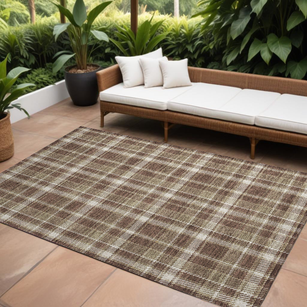 10' X 14' Chocolate And Ivory Plaid Washable Non Skid Indoor Outdoor Area Rug