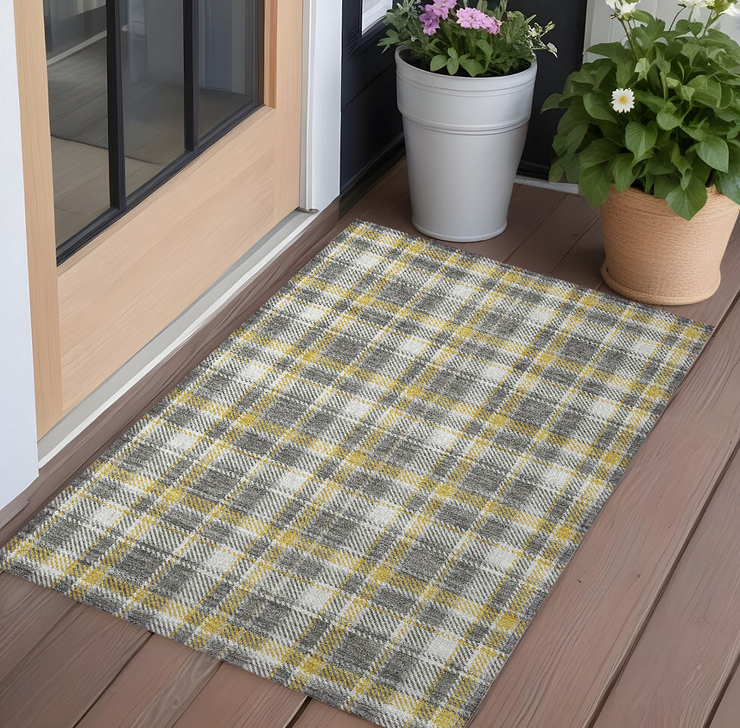 2' X 3' Gray Yellow And White Plaid Washable Non Skid Indoor Outdoor Area Rug