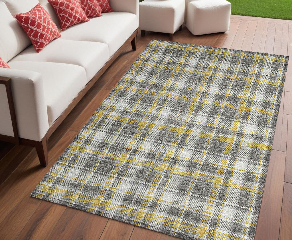 5' X 8' Gray Yellow And White Plaid Washable Non Skid Indoor Outdoor Area Rug