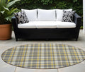 8' Round Gray Yellow And White Round Plaid Washable Non Skid Indoor Outdoor Area Rug