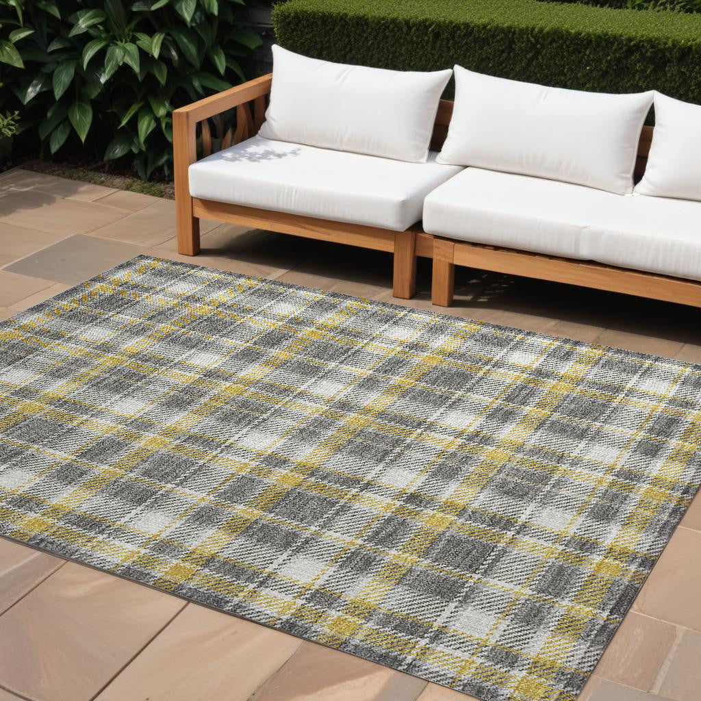 9' X 12' Gray Yellow And White Plaid Washable Non Skid Indoor Outdoor Area Rug