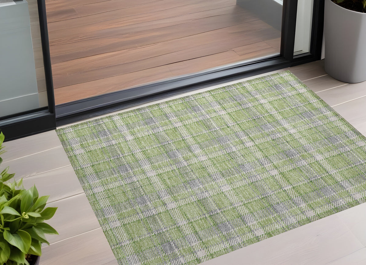 3' X 5' Green And Gray Plaid Washable Non Skid Indoor Outdoor Area Rug