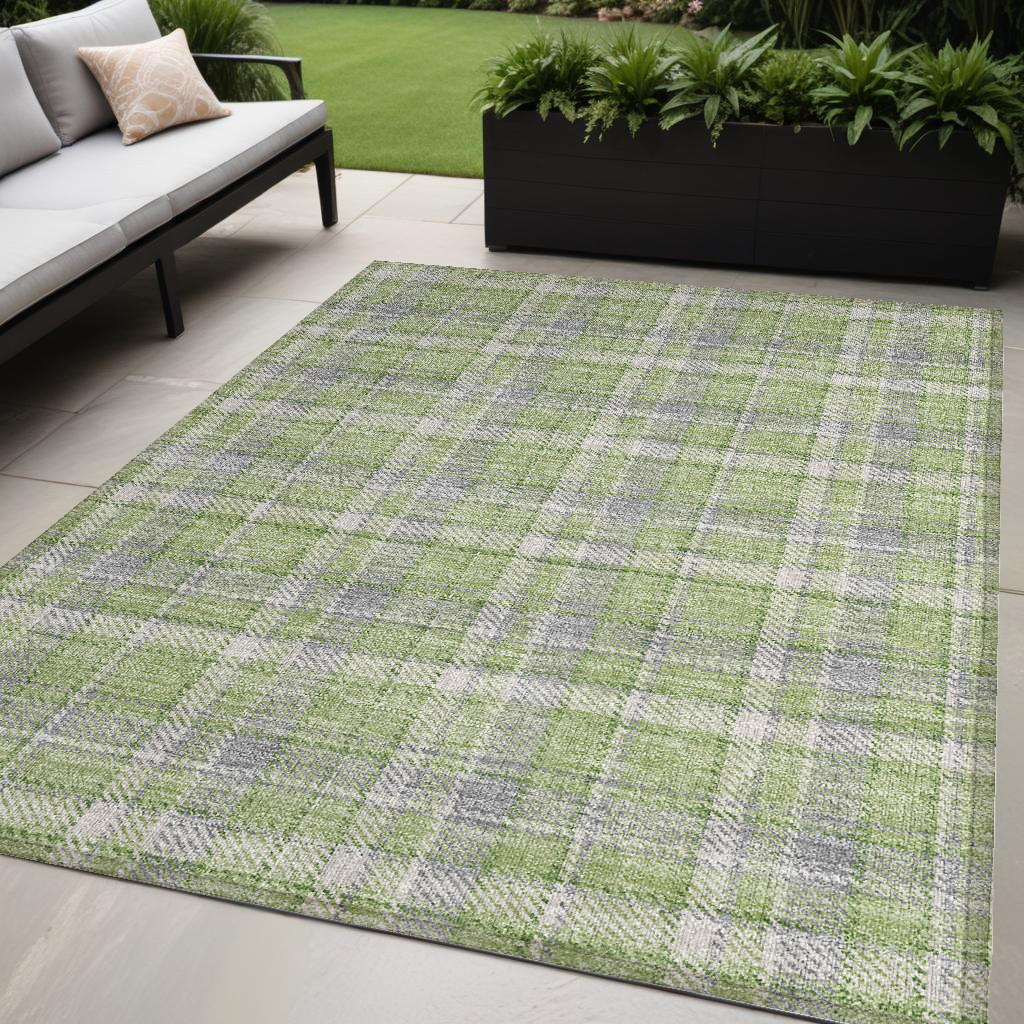 5' X 8' Green And Gray Plaid Washable Non Skid Indoor Outdoor Area Rug