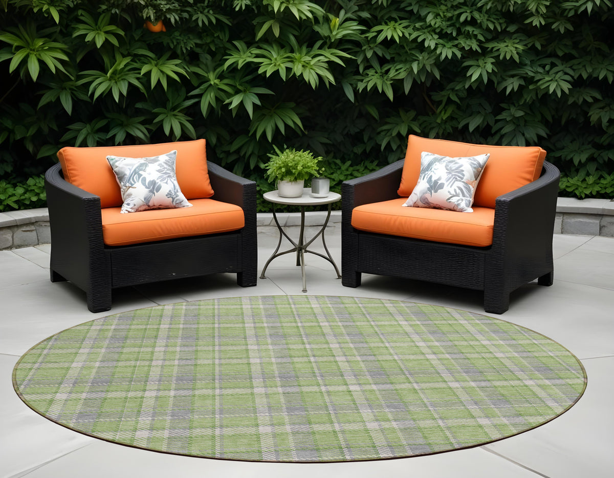 8' Round Green And Gray Round Plaid Washable Non Skid Indoor Outdoor Area Rug