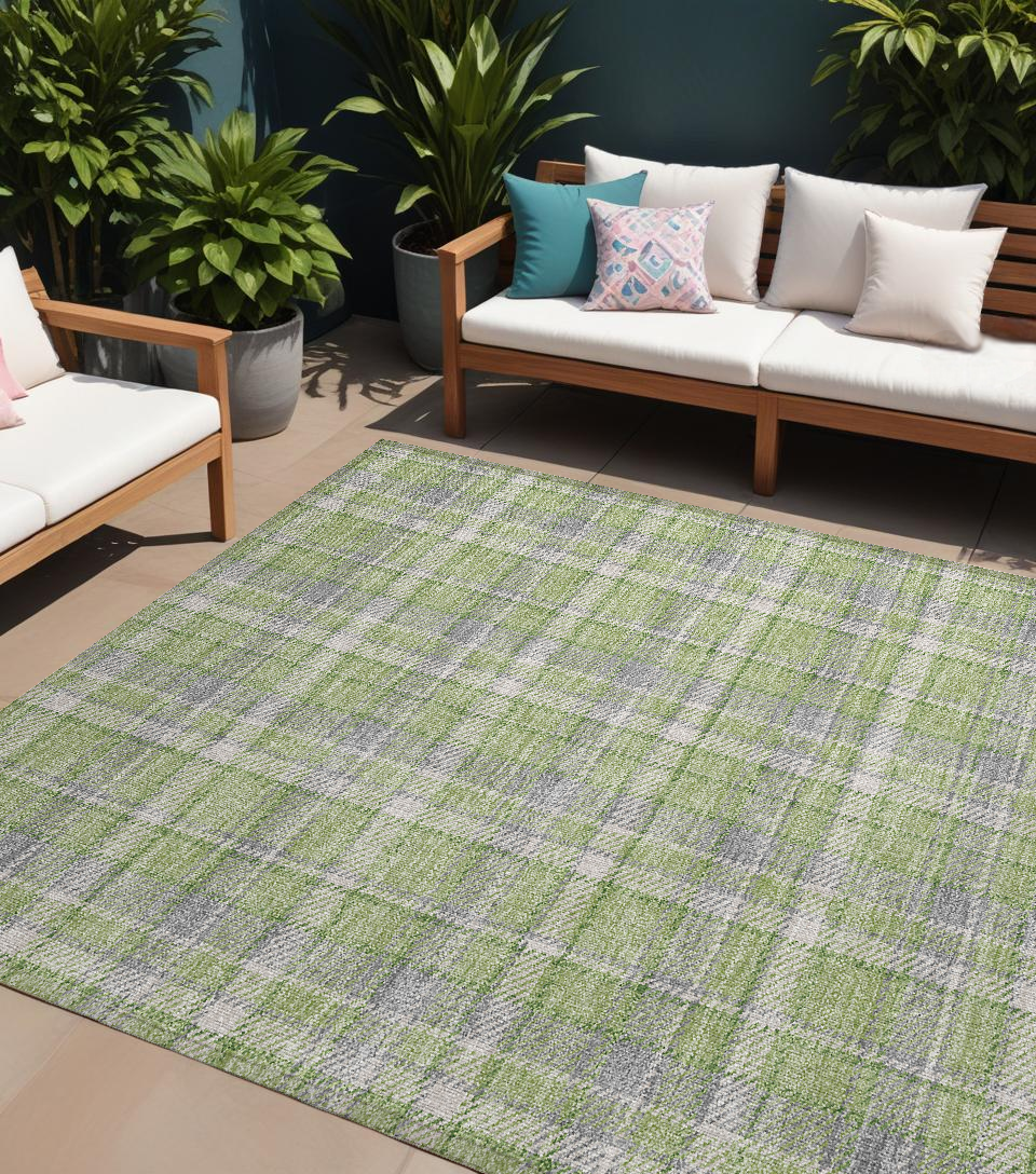 9' X 12' Green And Gray Plaid Washable Non Skid Indoor Outdoor Area Rug