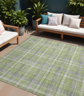 10' X 14' Green And Gray Plaid Washable Non Skid Indoor Outdoor Area Rug
