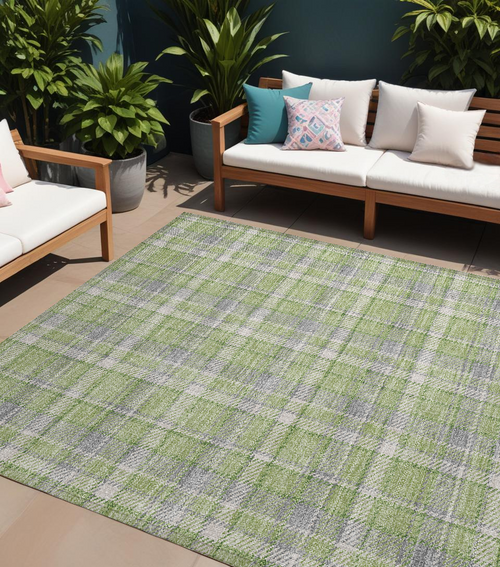 10' X 14' Green And Gray Plaid Washable Non Skid Indoor Outdoor Area Rug