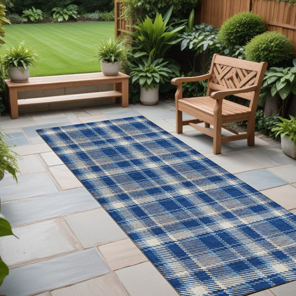 8' Runner Navy And Ivory Plaid Washable Non Skid Indoor Outdoor Runner Rug