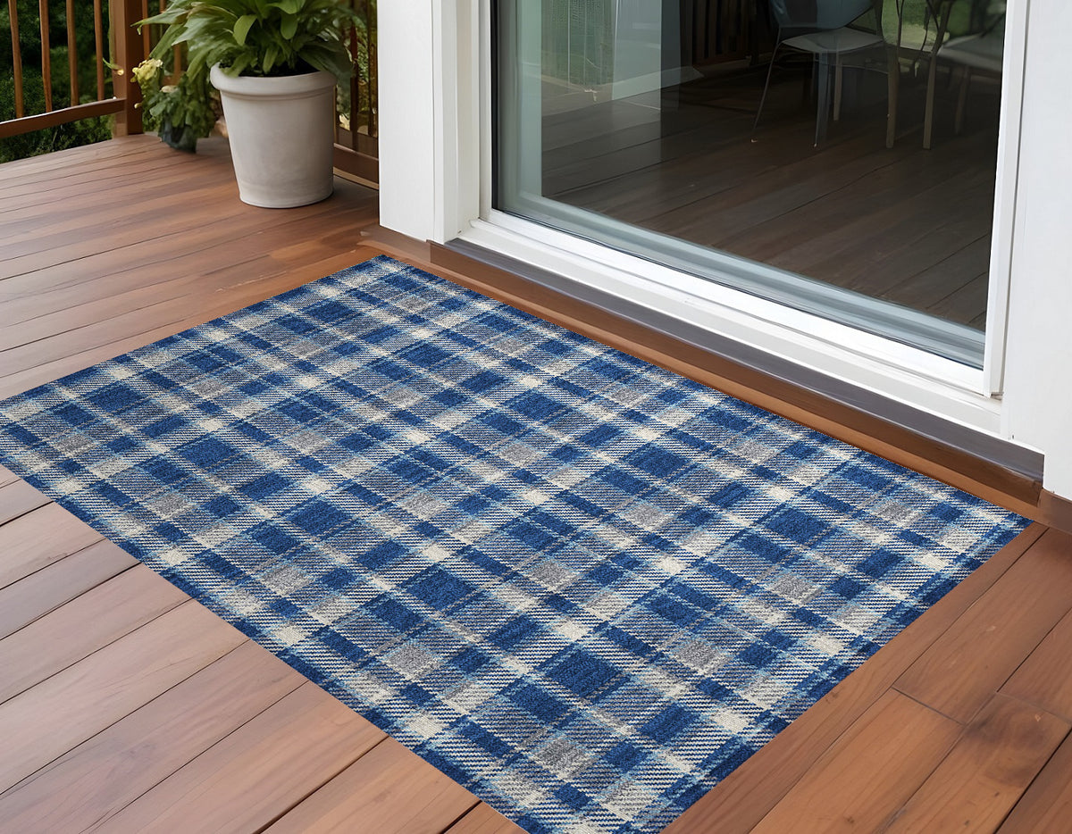 3' X 5' Navy And Ivory Plaid Washable Non Skid Indoor Outdoor Area Rug