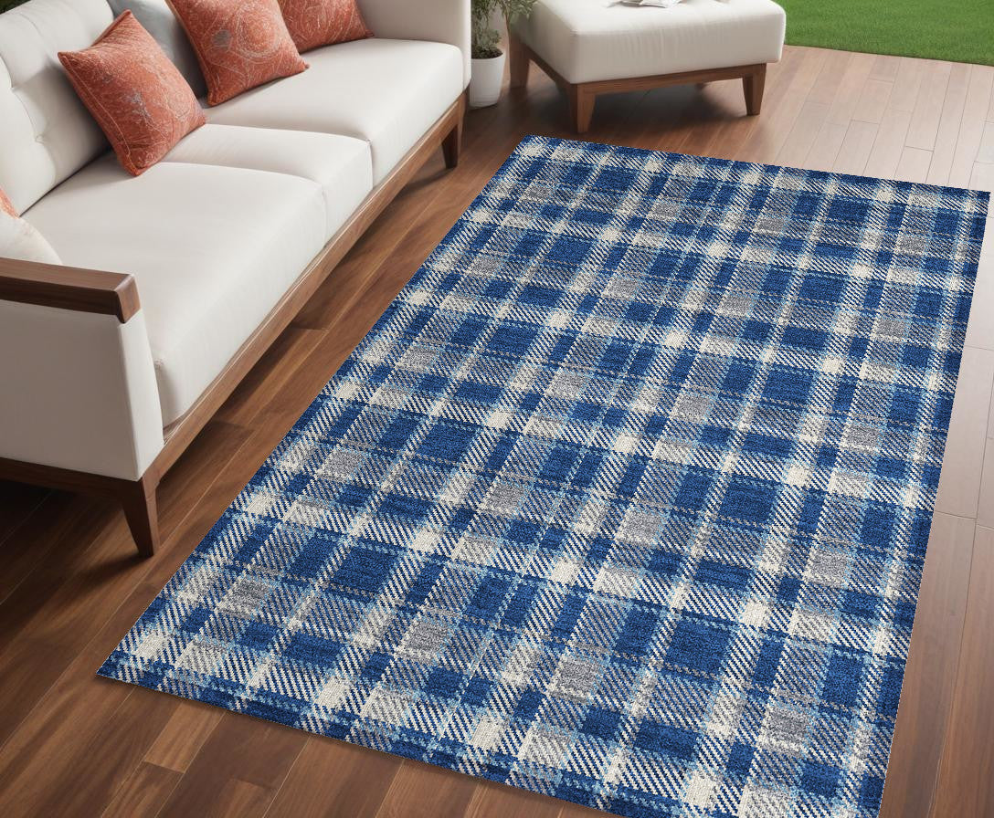 5' X 8' Navy And Ivory Plaid Washable Non Skid Indoor Outdoor Area Rug