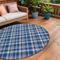 8' Round Navy And Ivory Round Plaid Washable Non Skid Indoor Outdoor Area Rug