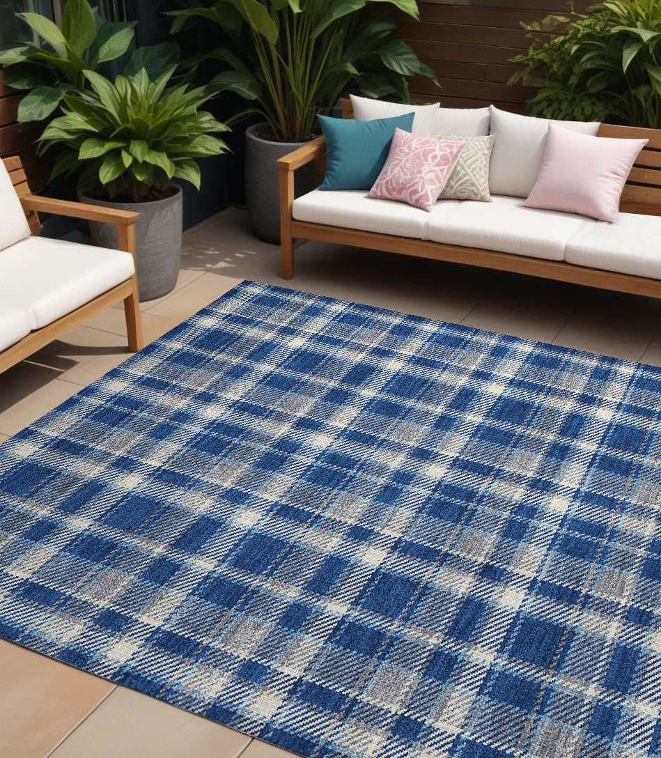 9' X 12' Navy And Ivory Plaid Washable Non Skid Indoor Outdoor Area Rug