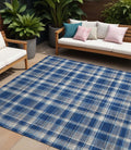 10' X 14' Navy And Ivory Plaid Washable Non Skid Indoor Outdoor Area Rug