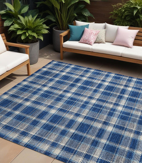 10' X 14' Navy And Ivory Plaid Washable Non Skid Indoor Outdoor Area Rug