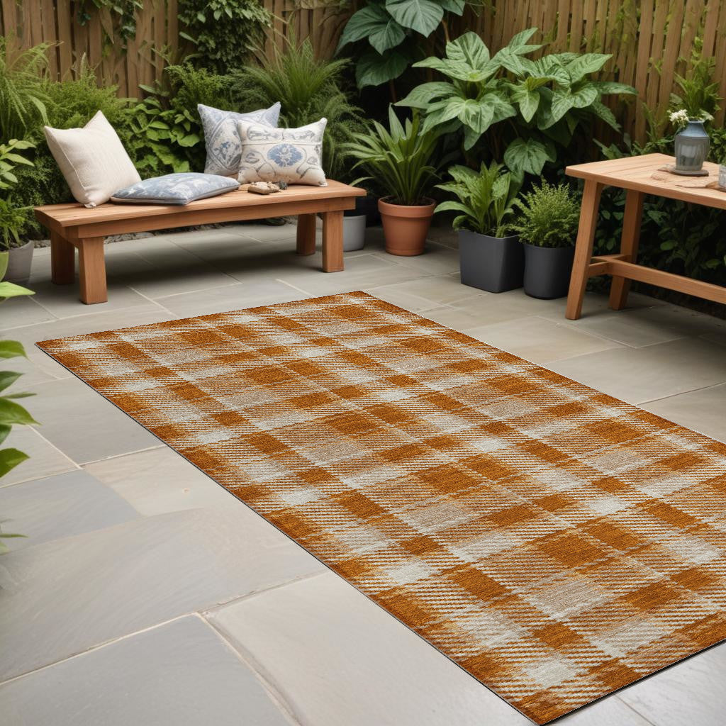 8' Runner Orange And Ivory Plaid Washable Non Skid Indoor Outdoor Runner Rug