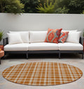 8' Round Orange And Ivory Round Plaid Washable Non Skid Indoor Outdoor Area Rug