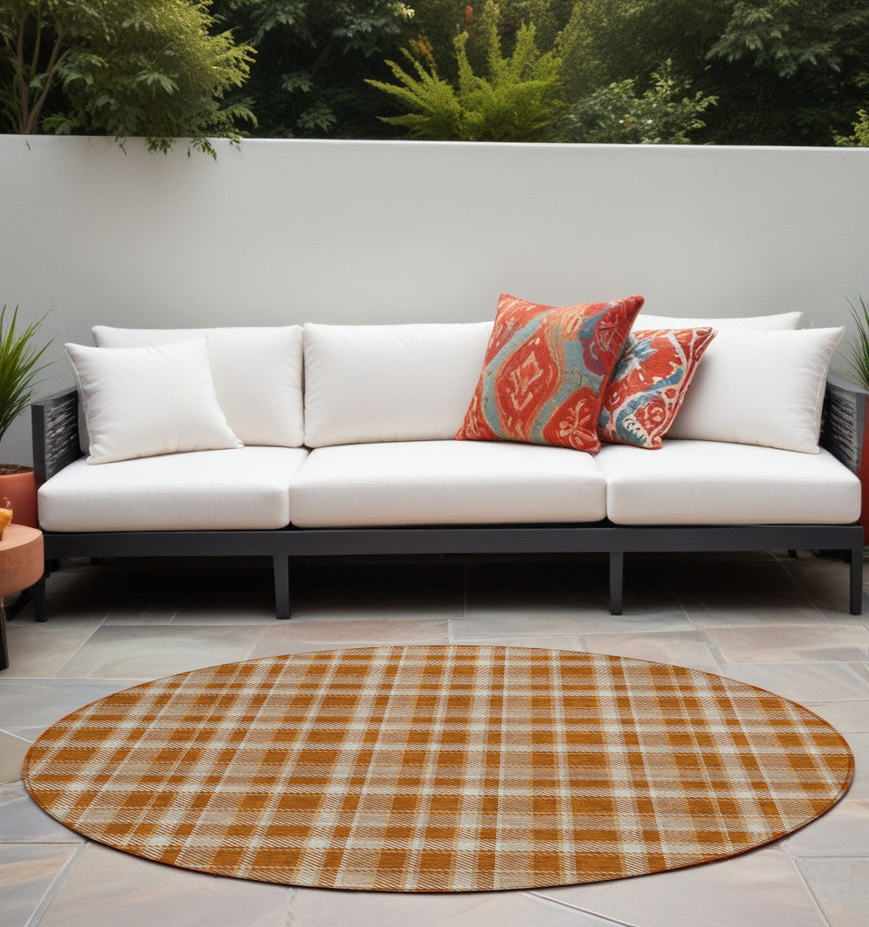 8' Round Orange And Ivory Round Plaid Washable Non Skid Indoor Outdoor Area Rug
