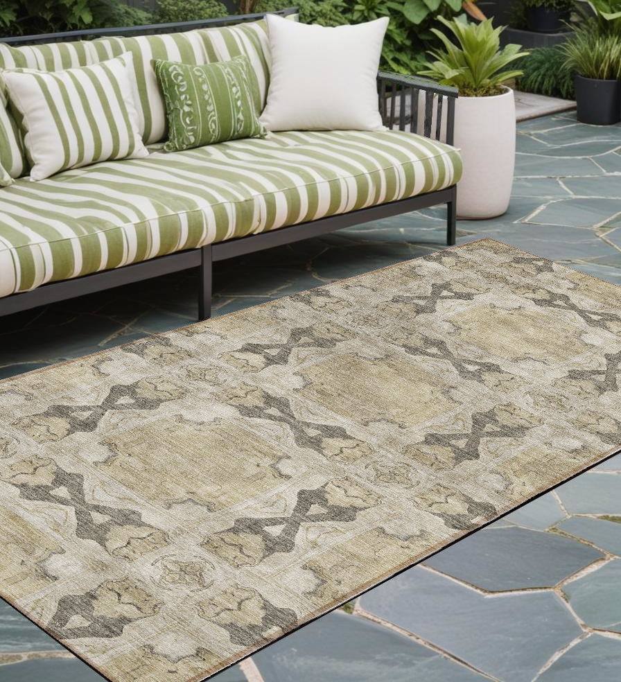 8' Runner Beige And Gray Floral Medallion Washable Non Skid Indoor Outdoor Runner Rug