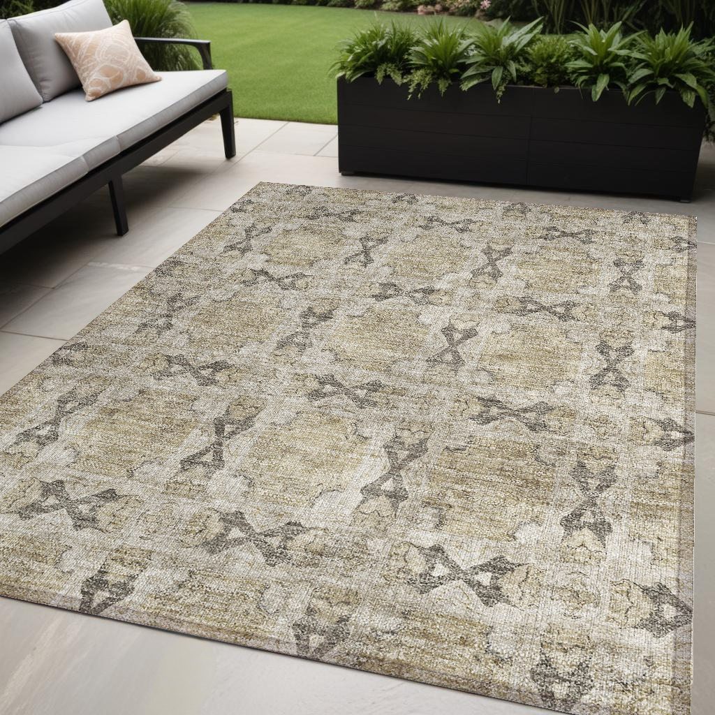 5' X 8' Beige And Gray Floral Medallion Washable Non Skid Indoor Outdoor Area Rug