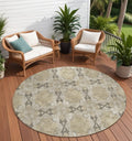 8' Round Beige And Gray Round Floral Medallion Washable Non Skid Indoor Outdoor Area Rug