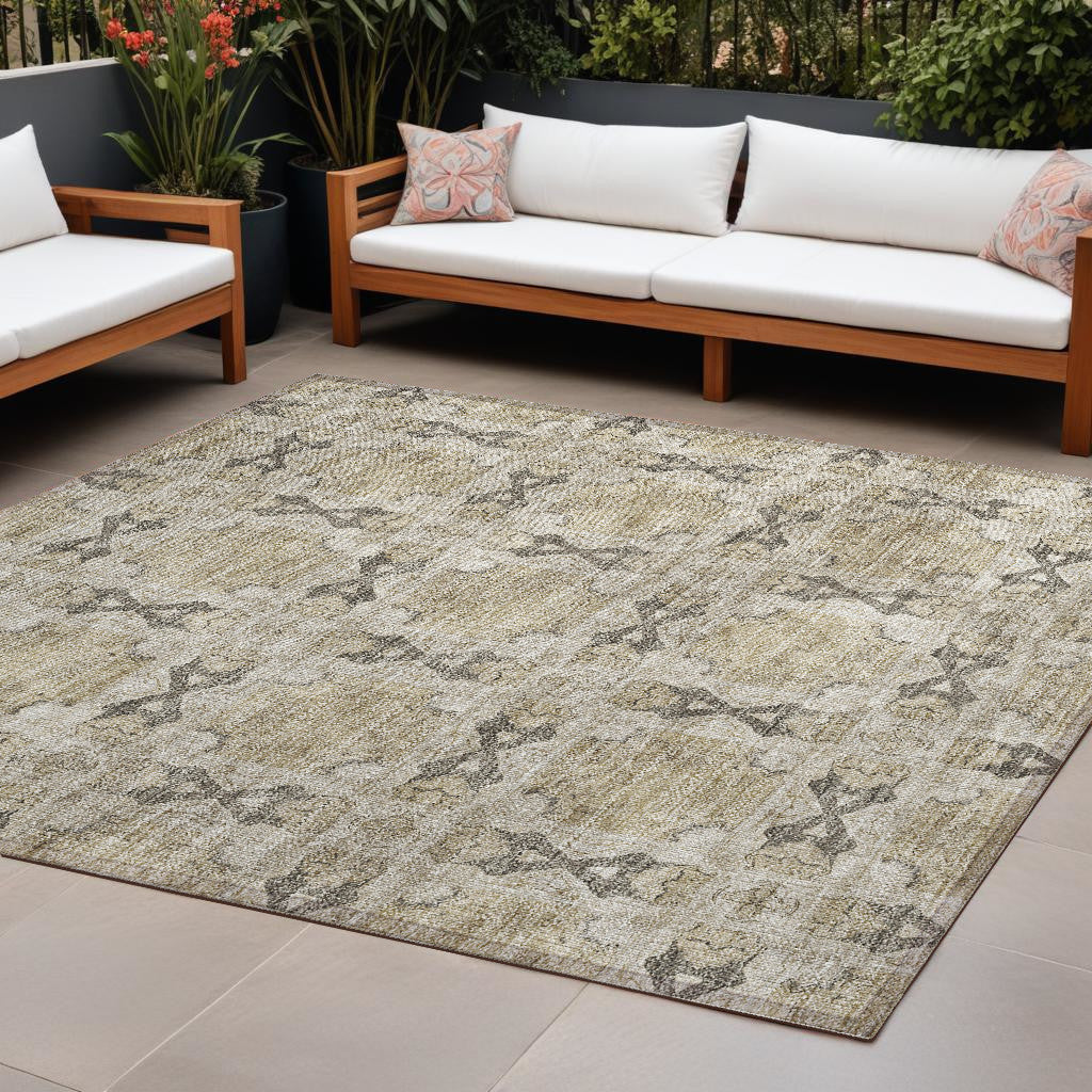 10' X 14' Beige And Gray Floral Medallion Washable Non Skid Indoor Outdoor Area Rug