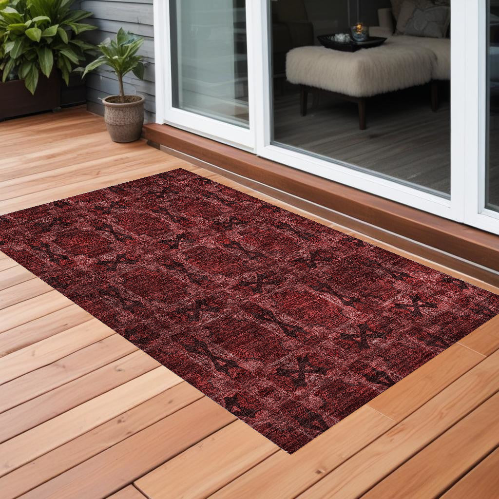 3' X 5' Burgundy And Black Floral Medallion Washable Non Skid Indoor Outdoor Area Rug