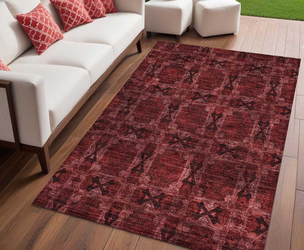 5' X 8' Burgundy And Black Floral Medallion Washable Non Skid Indoor Outdoor Area Rug