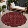 8' Round Burgundy And Black Round Floral Medallion Washable Non Skid Indoor Outdoor Area Rug