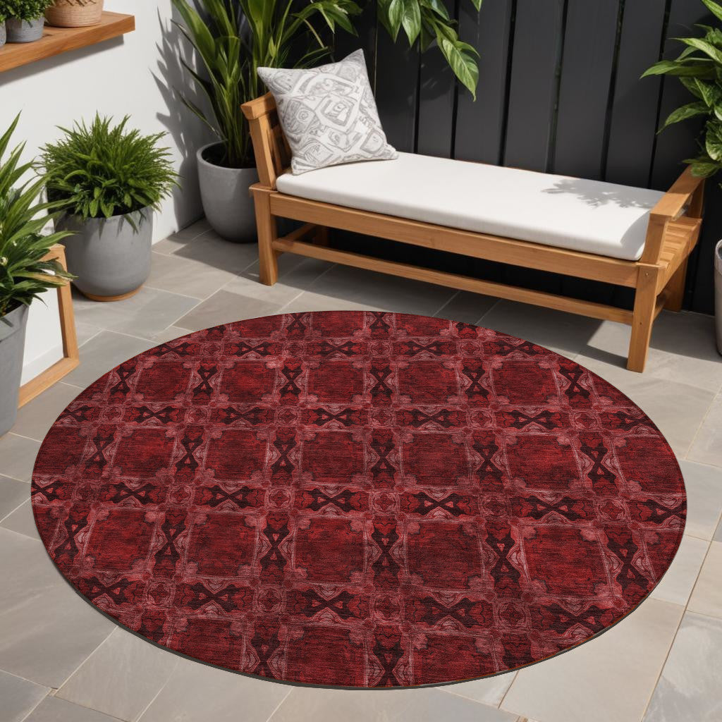 8' Round Burgundy And Black Round Floral Medallion Washable Non Skid Indoor Outdoor Area Rug