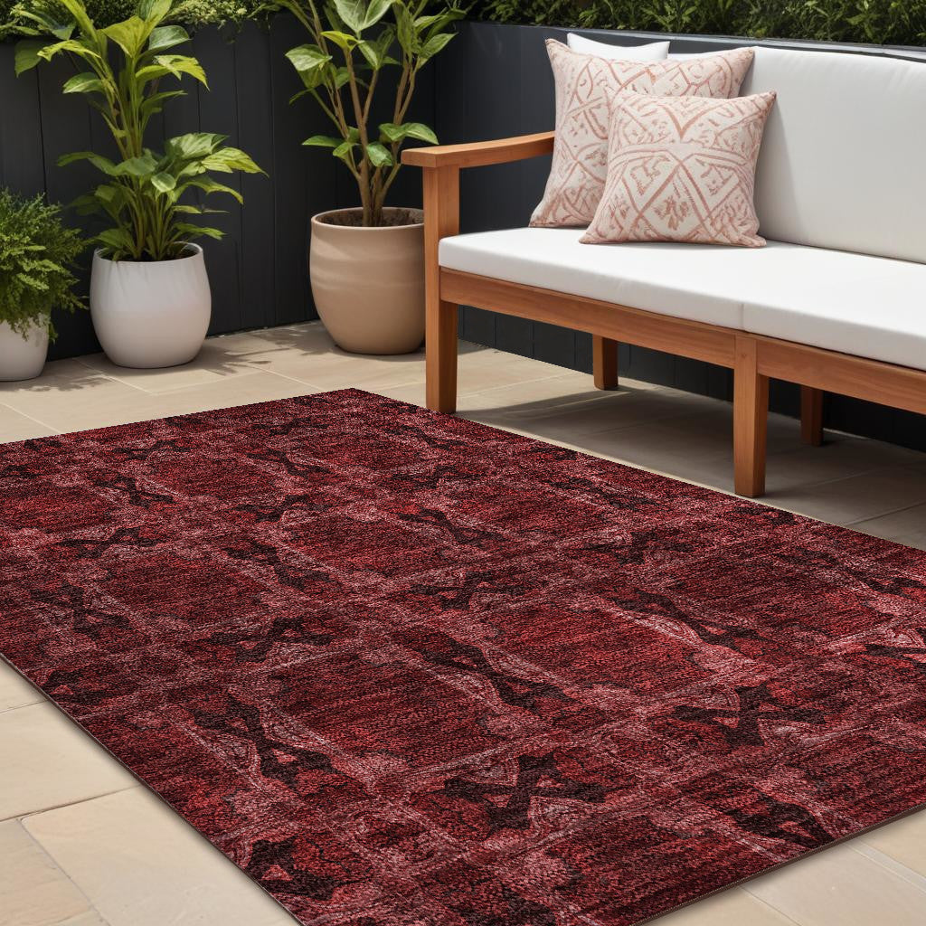 10' X 14' Burgundy And Black Floral Medallion Washable Non Skid Indoor Outdoor Area Rug