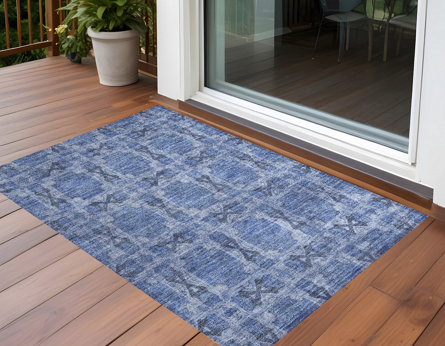2' X 3' Denim Blue And Gray Floral Medallion Washable Non Skid Indoor Outdoor Area Rug