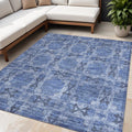 5' X 8' Denim Blue And Gray Floral Medallion Washable Non Skid Indoor Outdoor Area Rug