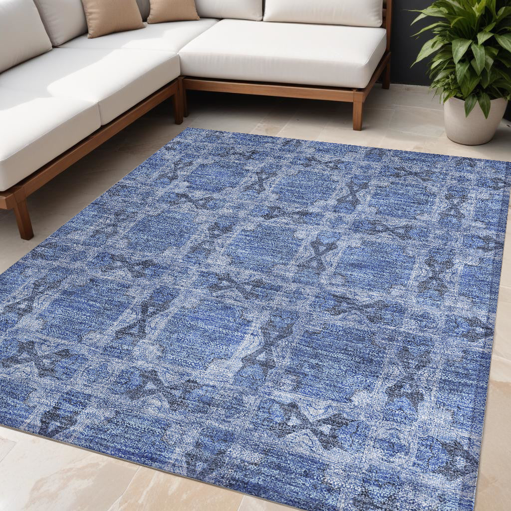 5' X 8' Denim Blue And Gray Floral Medallion Washable Non Skid Indoor Outdoor Area Rug