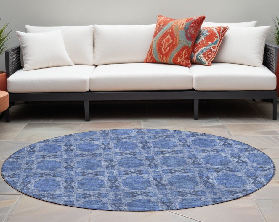 8' Round Denim Blue And Gray Round Floral Medallion Washable Non Skid Indoor Outdoor Area Rug