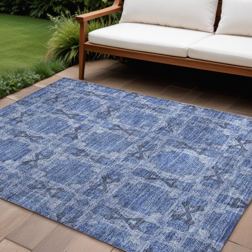 9' X 12' Denim Blue And Gray Floral Medallion Washable Non Skid Indoor Outdoor Area Rug