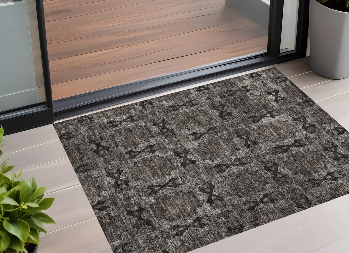 3' X 5' Gray And Black Floral Medallion Washable Non Skid Indoor Outdoor Area Rug