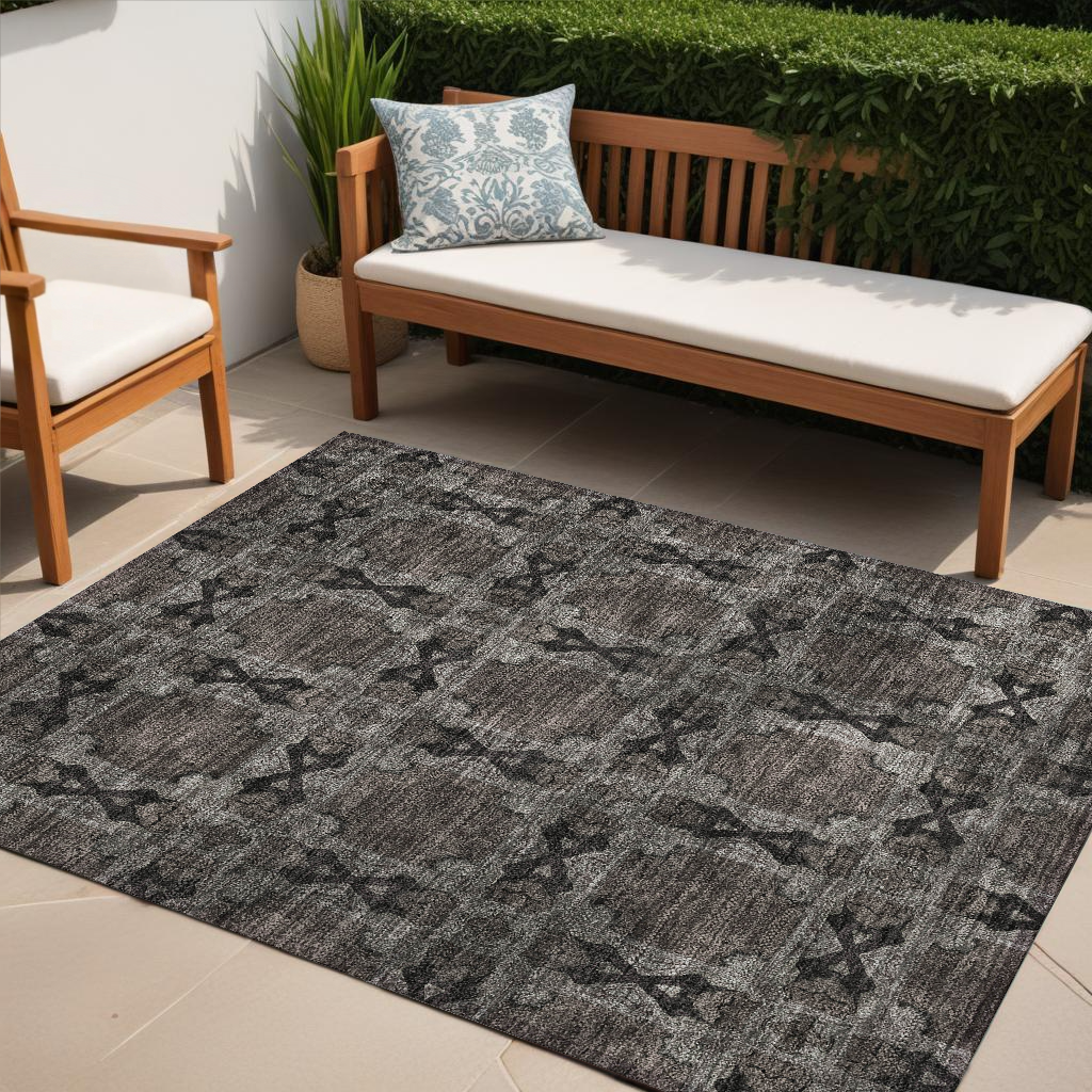 5' X 8' Gray And Black Floral Medallion Washable Non Skid Indoor Outdoor Area Rug