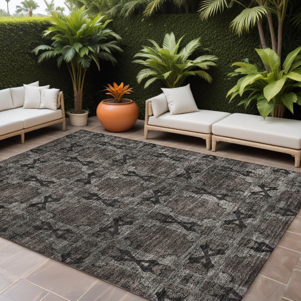 10' X 14' Gray And Black Floral Medallion Washable Non Skid Indoor Outdoor Area Rug