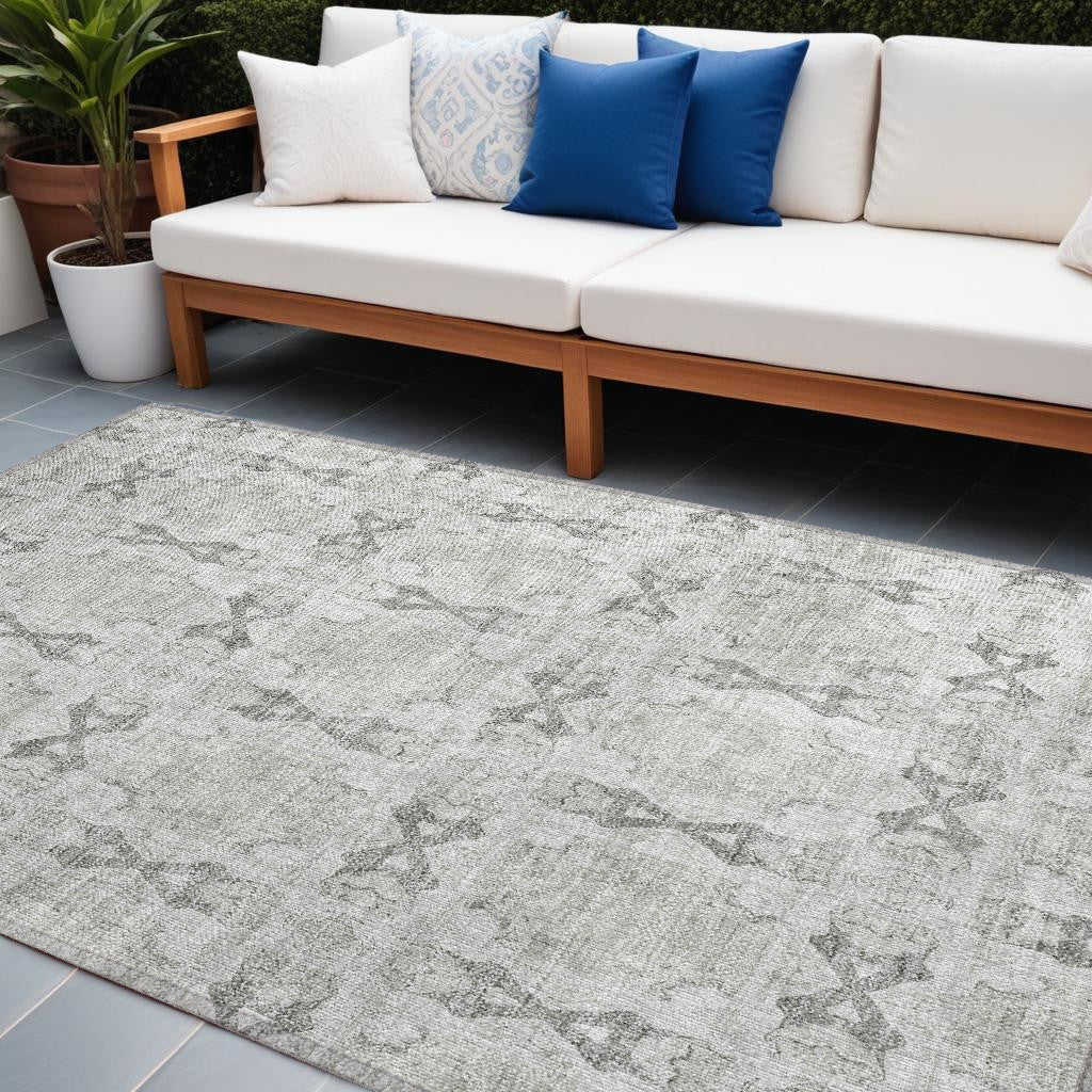 9' X 12' Ivory And Gray Floral Medallion Washable Non Skid Indoor Outdoor Area Rug