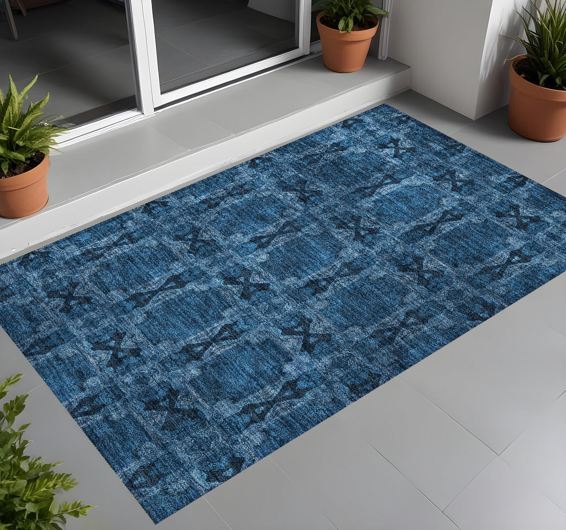 3' X 5' Navy And Gray Floral Medallion Washable Non Skid Indoor Outdoor Area Rug