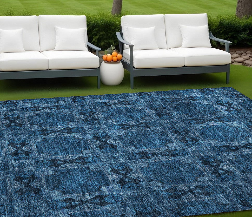 9' X 12' Navy And Gray Floral Medallion Washable Non Skid Indoor Outdoor Area Rug