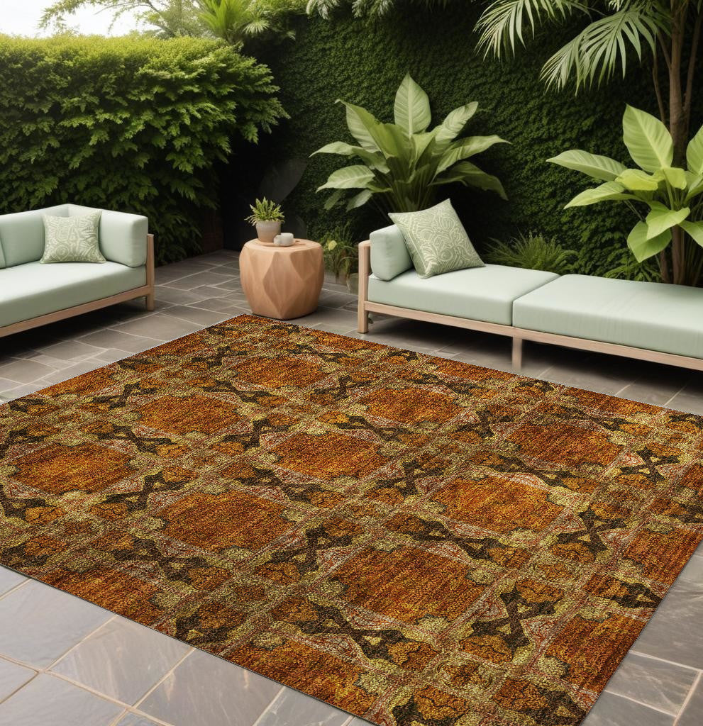 10' X 14' Orange And Rust Floral Medallion Washable Non Skid Indoor Outdoor Area Rug
