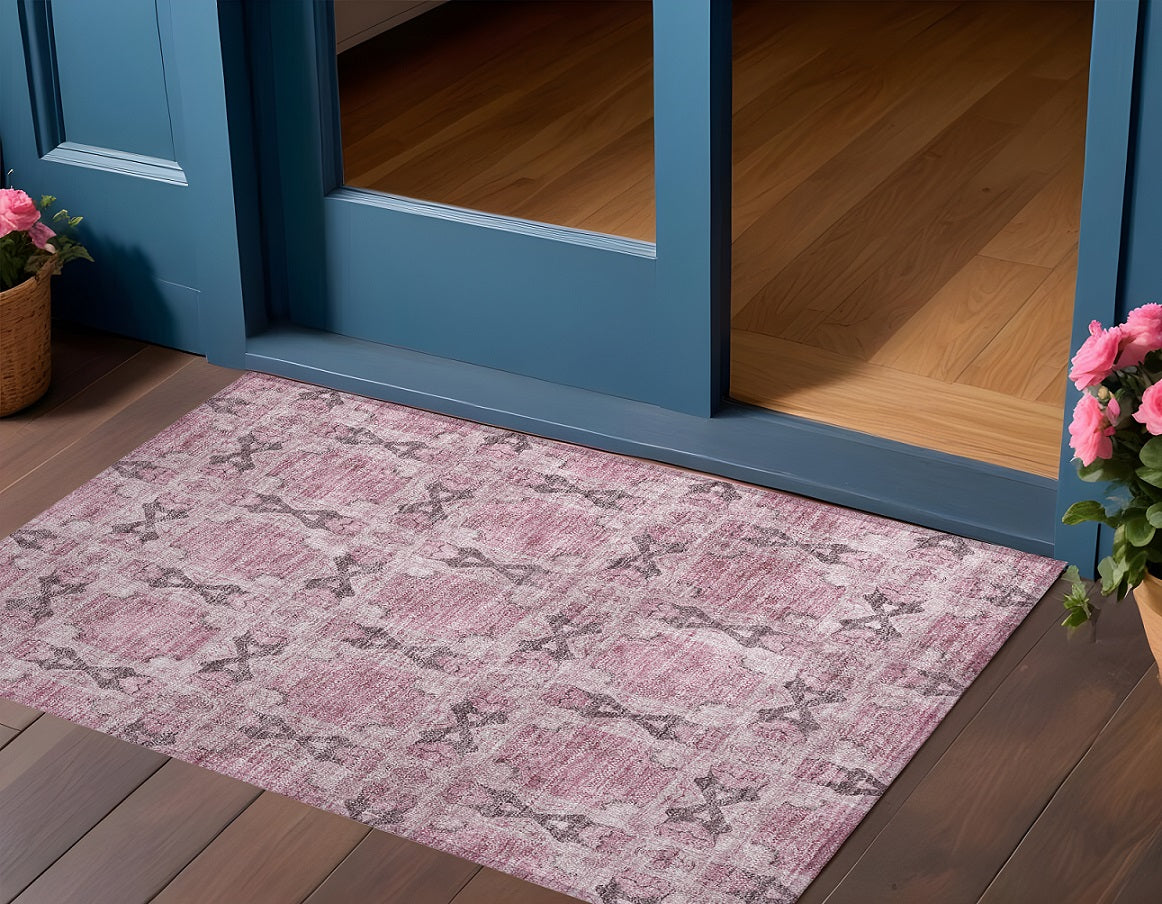 3' X 5' Pink Floral Medallion Washable Non Skid Indoor Outdoor Area Rug