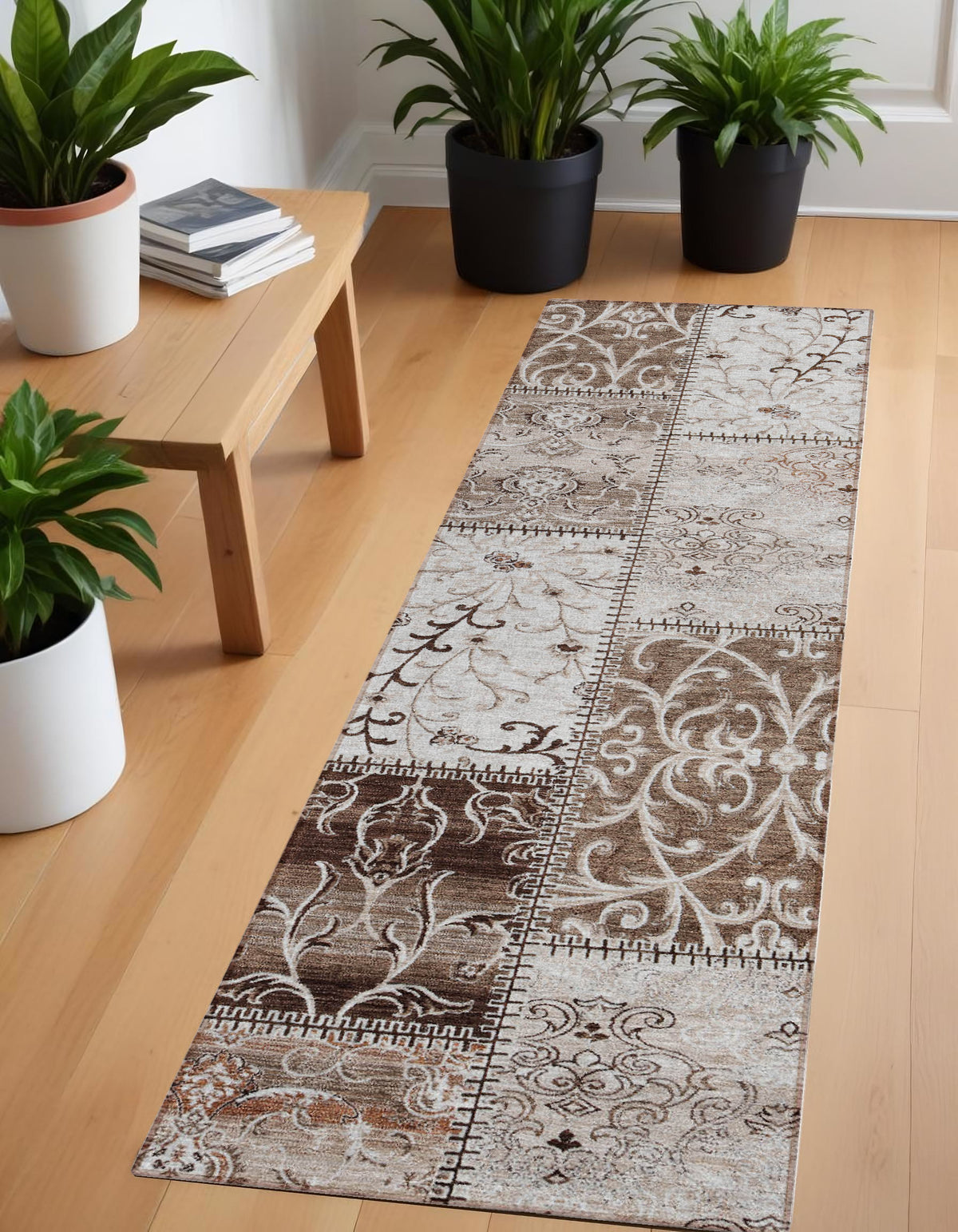 8' Runner Taupe And Ivory Patchwork Washable Non Skid Indoor Outdoor Runner Rug